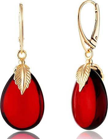 Amazon.com: Amber by Mazukna - Cherry Red Amber Earrings for Women - Yellow Gold Plated Silver Leverback Closure - 1.69x0.59inch 5.5g/0.19oz - Dainty Natural Gemstone Drop Jewelry: Clothing, Shoes & Jewelry