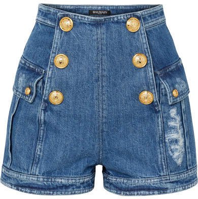 Button-embellished Distressed Denim Shorts - Blue