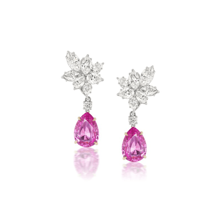 Pair of Diamond and Pink Sapphire Pendant Earclips