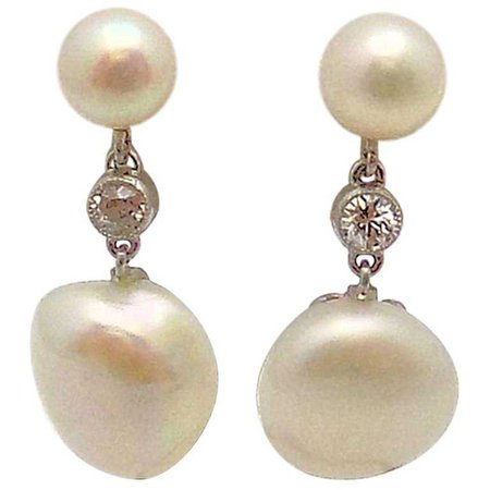 Pair of Antique Platinum Pearl and Diamond Pendant Earrings For Sale at 1stdibs