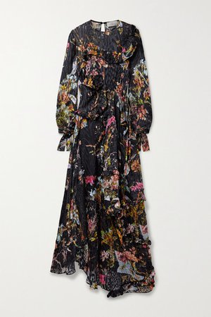Elda Asymmetric Floral-print Devore-satin Dress - Black