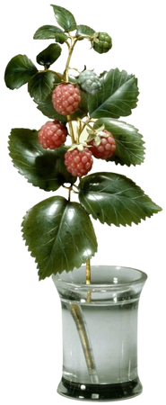 Branch of raspberries made from rhodonite and nephrite, with nephrite leaves and clusters on stalks of red gold, set in a rock crystal vase.