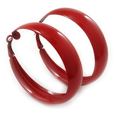 Wide Medium Red Enamel Hoop Earrings - 50mm Diameter - avalaya.com