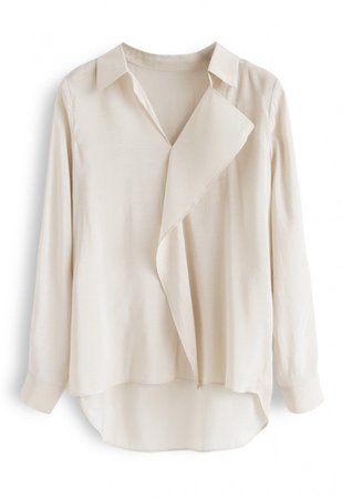 Hi-Lo Hem V-Neck Ruffle Front Shirt in Linen - NEW ARRIVALS - Retro, Indie and Unique Fashion