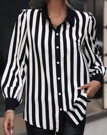 SHIEN Frenchy Striped Print Button Front Shirt