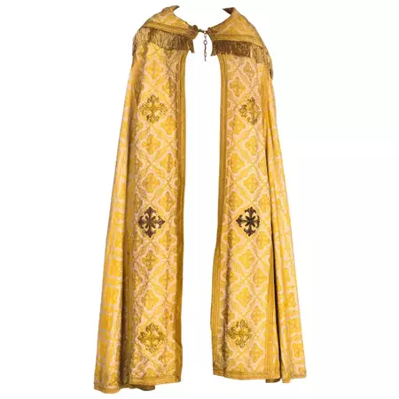 Victorian Gold Silk and Cotton Brocade Long Catholic Cape With Real Fringe Embroi For Sale at 1stDibs | brocade cape, long gold cape, brocade cloak