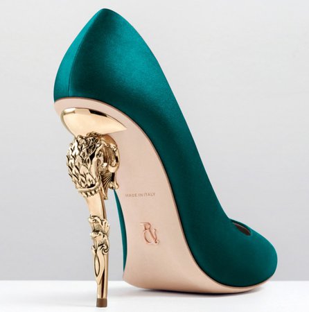 Ralph & Russo BAROQUE PUMP EMERALD SATIN WITH YELLOW GOLD HEEL – Shoes Post