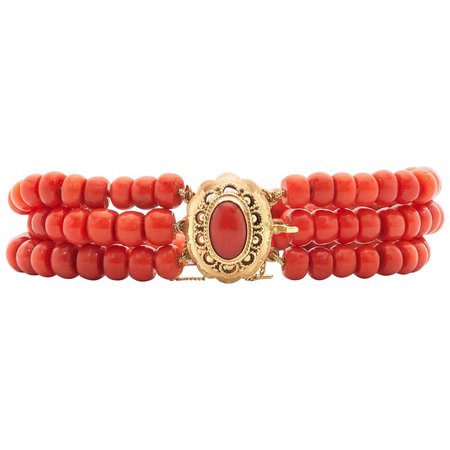 Victorian Multi-Strand Natural Red Coral 14k Gold Beaded Bracelet