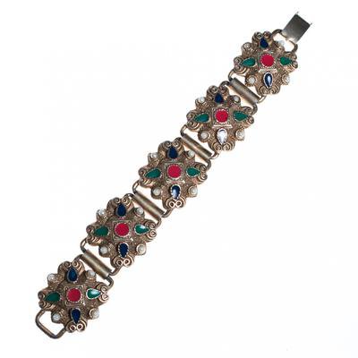 Vintage Silver Embossed Panel Bracelet with Red, Green, Blue Enamel an - Vintage Meet Modern