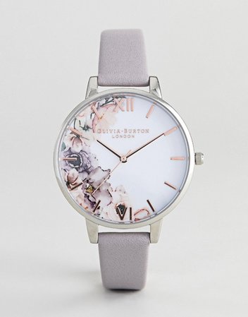 Olivia Burton OB16PP32 WATERCOLOR Floral Leather Watch In Gray Lilac | ASOS