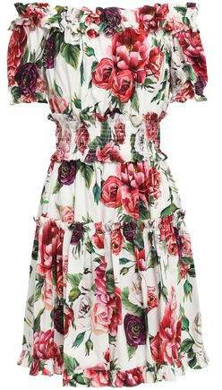 Off-the-shoulder Shirred Floral-print Cotton-poplin Mini Dress