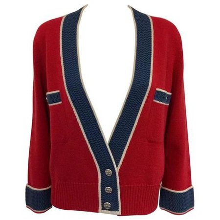 Chanel Red and Slate Blue Cashmere Cardigan With Wide Banded Cuffs | Cardigan, Cashmere cardigan, Fashion