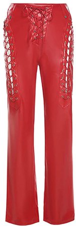 Women's Lace Up PU Leather Pants High Waist Cut Out Hollow Out Drawstring Bandage Faux Leather Casual Trousers (Red, Medium) at Amazon Women’s Clothing store