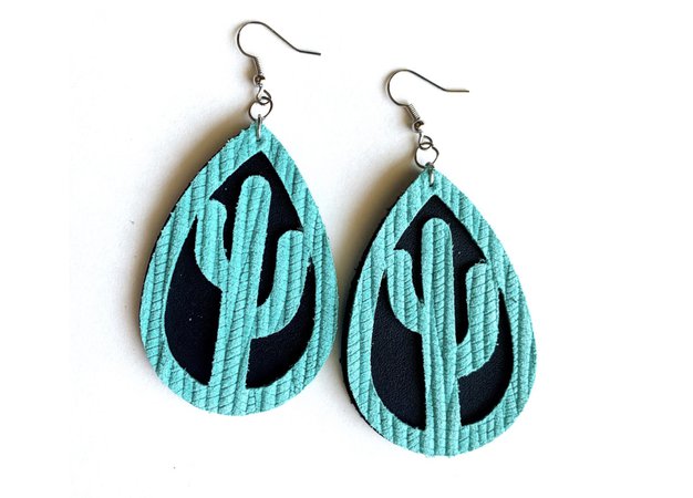 Turquoise Teal Black Cactus Leather Earrings