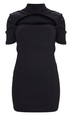 BLACK THICK RIB CUT OUT NECK PUFF SLEEVE BODYCON DRESS