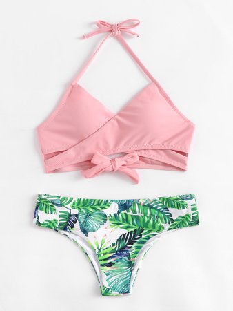 Palm Print Wrap Self Tie Bikini Set