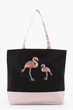 Sophie Embroidery Flamingo Beach Bag