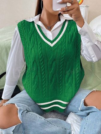 Plus Striped Trim Cable Knit Sweater Vest Without Shirt | SHEIN USA