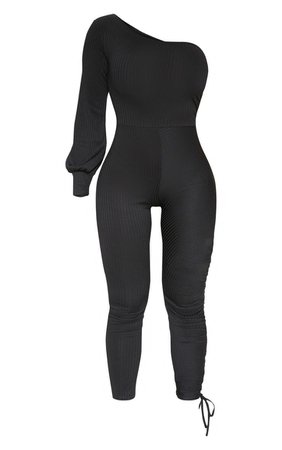 Black Ribbed Ruched One Shoulder Jumpsuit | PrettyLittleThing