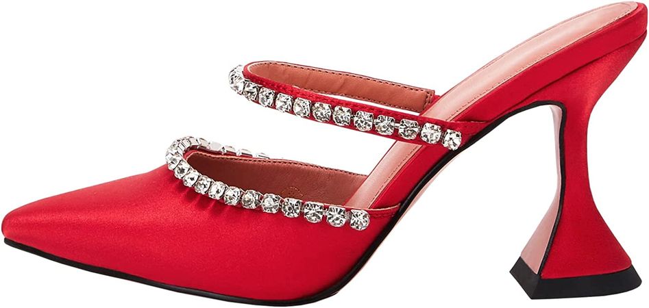 Amazon.com | VETASTE Women's Pointed Toe Strappy Heels Crystal Satin Heeled Mules Wedding Party Shoes Red | Shoes