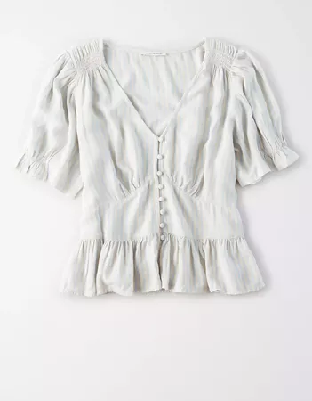 AE Short Sleeve Button Front Peplum Blouse white