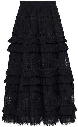 Tiered Lace-paneled Cotton Midi Skirt