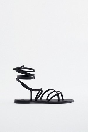 LACE UP TIED FLAT LEATHER SANDALS - Black | ZARA United States