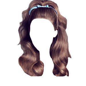 brown hair 60's curled half up half down ponytail blue bow