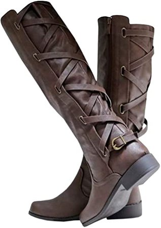 Amazon.com | Syktkmx Womens Strappy Motorcycle Knee High Boots Winter Lace Up Riding Flat Low Heel Shoes | Knee-High