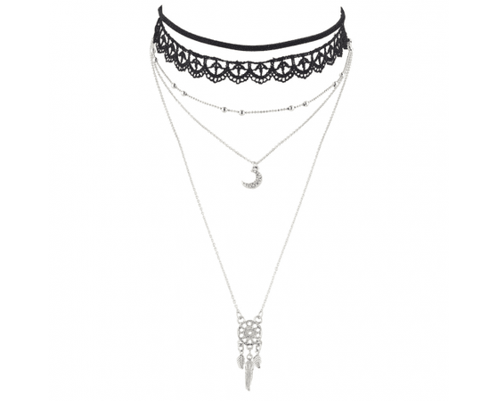 Black Lace Choker SilverTone Moon Dream Catcher Layered Necklace - Necklaces