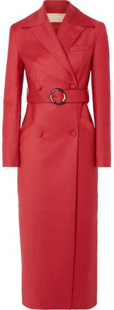 Belted Double-breasted Wool-blend Coat - Red