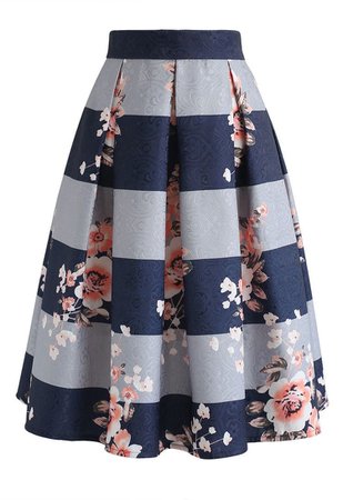 stripe floral midi skirt