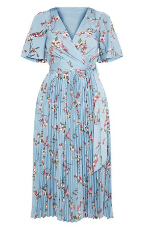 Dusty Blue Floral Pleated Midi Dress | PrettyLittleThing USA