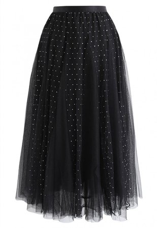 Sequined Double-Layered Mesh Tulle Midi Skirt in Black - NEW ARRIVALS - Retro, Indie and Unique Fashion