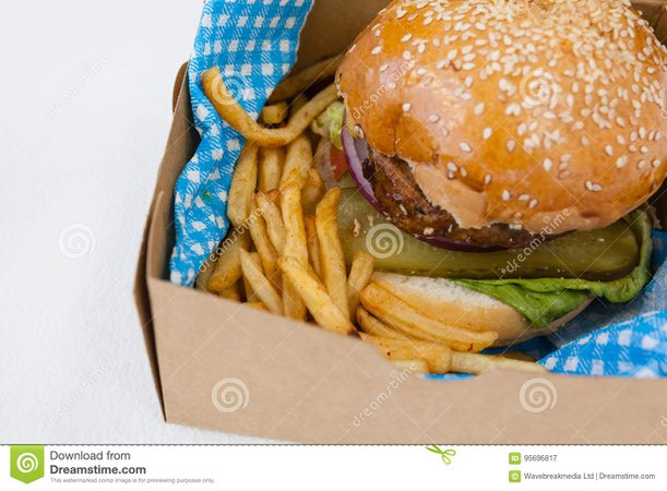 Hamburger And French Fries In A Take Away Container On Table Stock Image - Image of bread, hamburger: 95696817