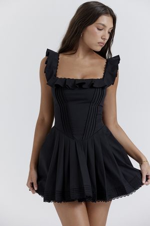 Clothing : Mini Dresses : 'Jemima' Black Pin Tuck Pleated Dress