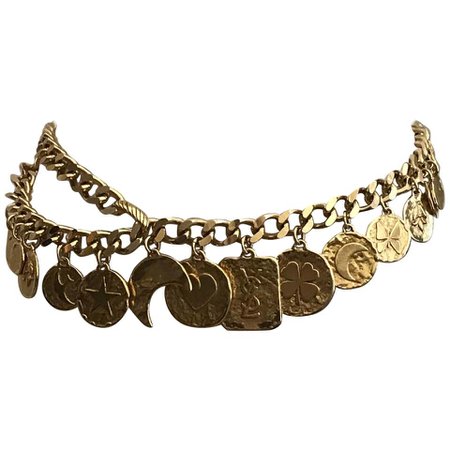 Yves Saint Laurent Gold Tone Clover Heart Moon Chain Link Charm Belt, 1980s For Sale at 1stdibs