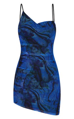 Blue Tie Dye Mesh Asymmetric Strappy Bodycon Dress | PrettyLittleThing