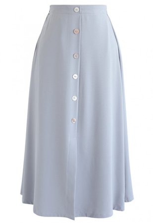 Split Shell Button Trim Midi Skirt in Dusty Blue - NEW ARRIVALS - Retro, Indie and Unique Fashion