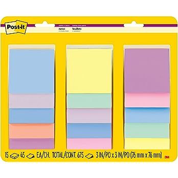 Amazon.com : Post-it Super Sticky Notes, 3x3 in, Assorted Pastel Colors, 15 Pads, 2X The Sticking Power, Recyclable (654-15SSPS) : Office Products