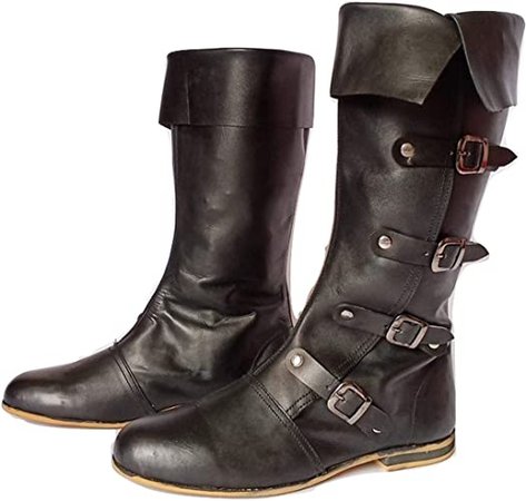 Amazon.com: AnNafi Medieval Leather Boots 4 Buckle | Renaissance Inspired Loafer Boot | Halloween Caribbean Pirate Costume Boots | Re-Enactment Viking Mens Shoes| SCA LARP Riding Costume Boot for Cosplay | Long Boots: Shoes