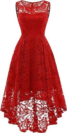 MUADRESS Women's Elegant Floral Lace Dress Sleeveless Crew Neck Hi-Lo Cocktail Dress for Evening Party Red L at Amazon Women’s Clothing store
