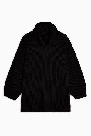 Black Longline Roll Neck Jumper with Wool | Topshop