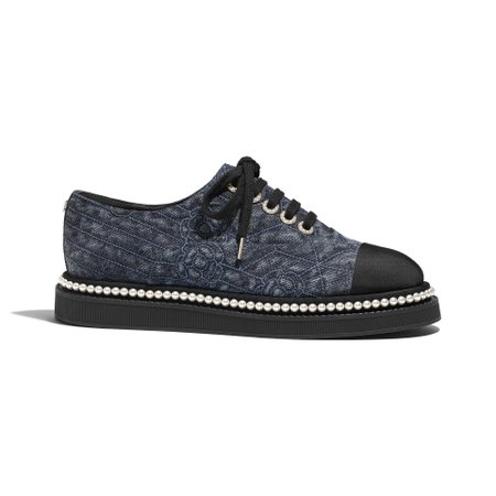 Embroidered Fabric & Grosgrain Blue & Black Lace-Ups | CHANEL