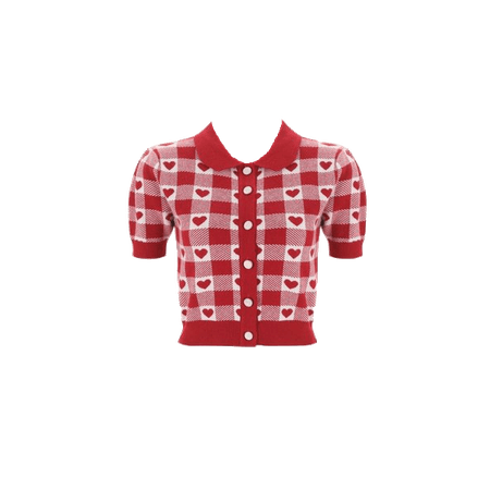 Red Heart Checkered Crop Top Collared Short Sleeve Cardigan