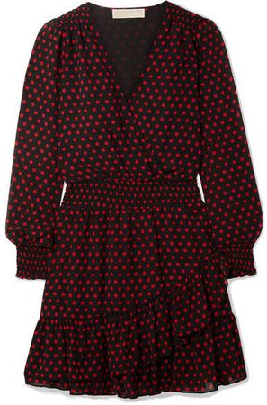Wrap-effect Ruffled Polka-dot Georgette Mini Dress - Black