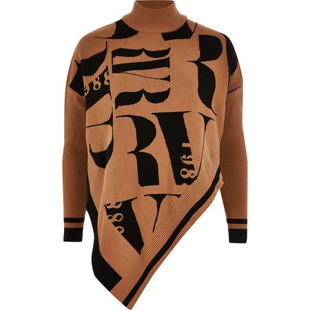 Brown RI printed knitted cape jumper | River Island