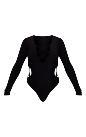 Black Slinky Multi Lace Up Bodysuit $32