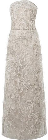 Strapless Embellished Feather-trimmed Tulle Gown - Light gray