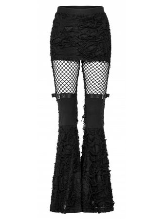 Gothic Knitted Fabric Central Mesh Splicing Design Belt Decoration Flare Long Pants - Magic Wardrobes